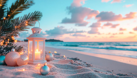 Lantern on the beach at sunset. Christmas and New Year concept.の素材