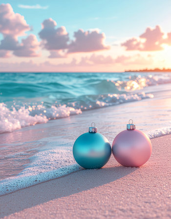 Christmas baubles on the beach at sunset. Holidays backgroundの素材