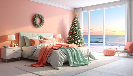 Christmas tree with decorations in the living room. 3d illustration.の素材