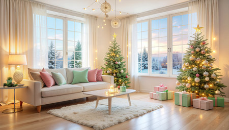 Beautiful living room with Christmas tree and presents. 3d renderingの素材