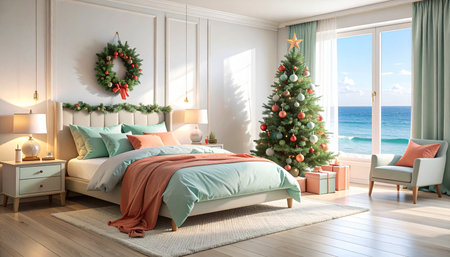 Christmas tree with decorations in living room interior. 3D render.の素材