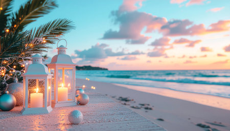 Christmas lanterns on the beach with christmas decorations. 3d renderingの素材