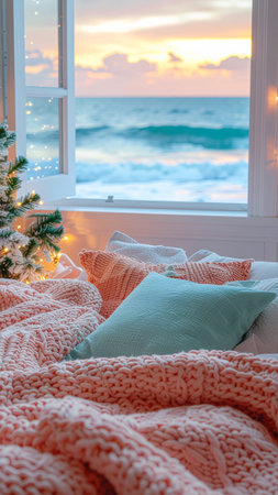 Cozy winter bedroom with christmas tree and warm knitted blanket on the windowsillの素材