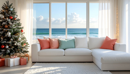 Christmas living room with a view of the sea. 3d renderingの素材