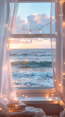 Beautiful view of the sea from the window at sunset. Summer landscapeの素材