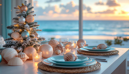 Christmas table setting with Christmas tree and decorations on the background of the seaの素材