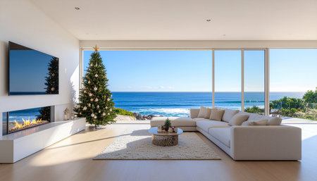 interior of modern house, living room with Christmas tree and sea viewの素材