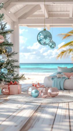 Christmas tree and gifts on the background of the sea. 3d renderingの素材