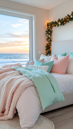 Cozy bedroom with christmas tree, pillows and plaidの素材