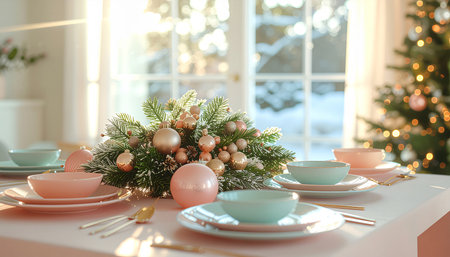 Beautiful Christmas table setting in living room. Festive interior designの素材