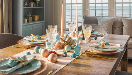 Elegant table setting for christmas dinner in luxury living roomの素材