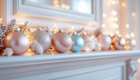 Christmas decorations on the fireplace in a white room with garlands.の素材