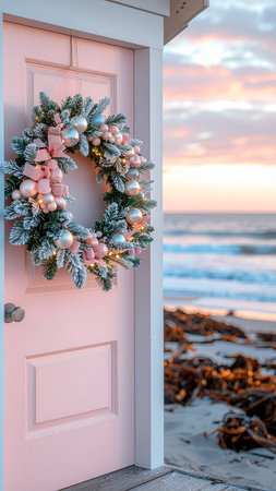Christmas wreath on the door of a house on the beach.の素材