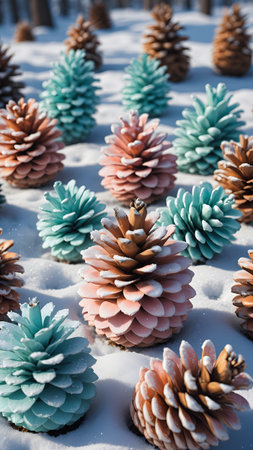 Pine cones in the snow in winter. Christmas and New Year background.の素材