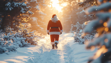 santa claus walking in the forest at sunset, winter holidaysの素材