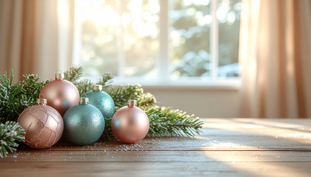 Christmas decoration on the wooden table in front of window with copy spaceの素材