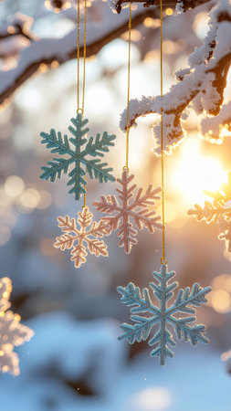 Snowflakes hanging on a branch in the winter forest at sunsetの素材