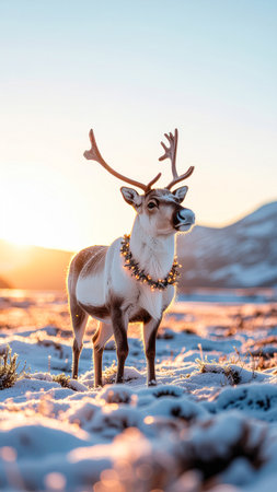 Reindeer in the snow at sunset in Iceland, Europe.の素材
