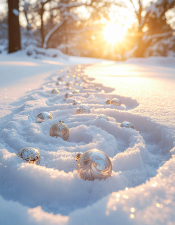 Beautiful winter landscape with snow covered path and golden christmas ballsの素材