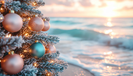 Christmas tree with Christmas balls on the background of the sea and sunsetの素材