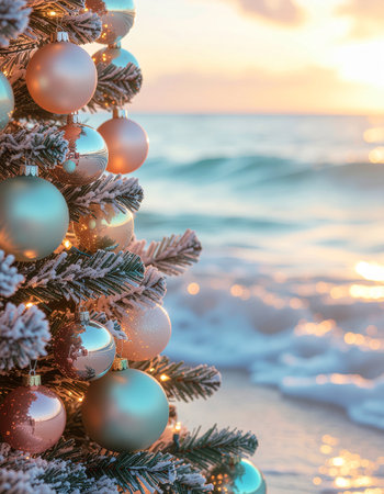 Christmas tree on the beach at sunset. Christmas and New Year background.の素材