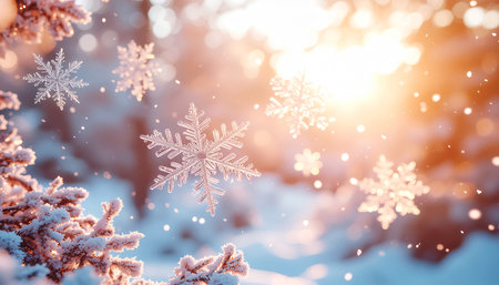 Snowflakes on a background of snow-covered trees in the forest.の素材