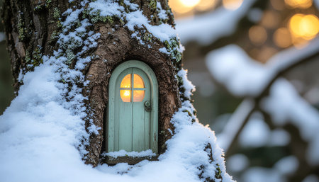 Wooden window in winter forest with snow and bokeh backgroundの素材