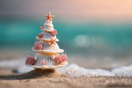 Christmas tree made of seashells on the sand with sea backgroundの素材