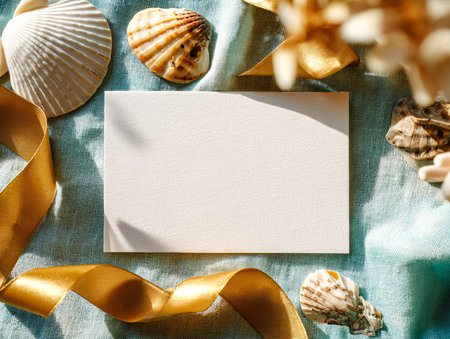Blank card with seashells and silk ribbon on blue fabric backgroundの素材