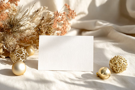 Christmas greeting card mockup with golden baubles and dried flowers on white fabricの写真素材