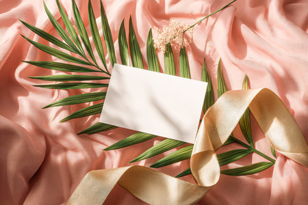 Tropical palm leaves and blank card on pink satin backgroundの写真素材