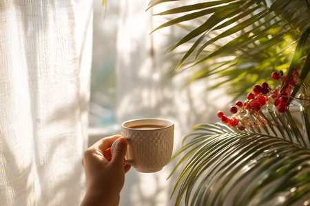Female hand holding a cup of hot coffee on the background of the window.の写真素材