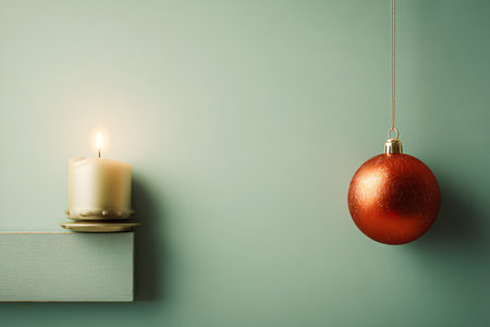 Christmas decoration with burning candle and christmas bauble on blue backgroundの写真素材