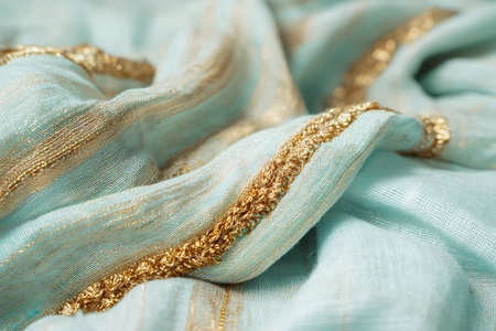 macro texture of turquoise silk fabric with gold sequinsの素材