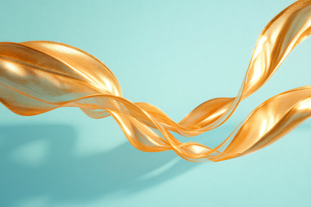 Curly orange satin ribbon on blue background. Beautiful abstract background.の素材