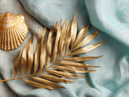 Golden palm leaf and seashells on turquoise fabric backgroundの素材