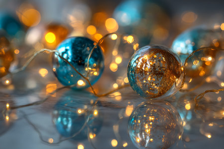 Blue and yellow Christmas ornaments on a light background with bokehの素材