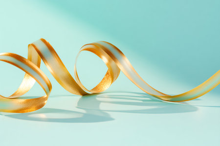 Curly gold ribbon on blue background. Minimal holiday concept.の素材