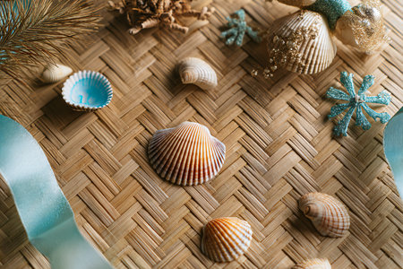 Christmas decoration with seashells and fir tree branch on wicker backgroundの素材