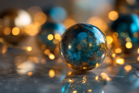 Blue and gold Christmas balls on bokeh background. Christmas concept.の素材