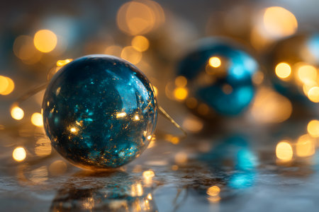 Blue christmas baubles with bokeh lights on backgroundの素材