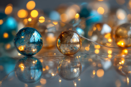 Christmas and New Year holidays background with bokeh lights and glass ballsの素材