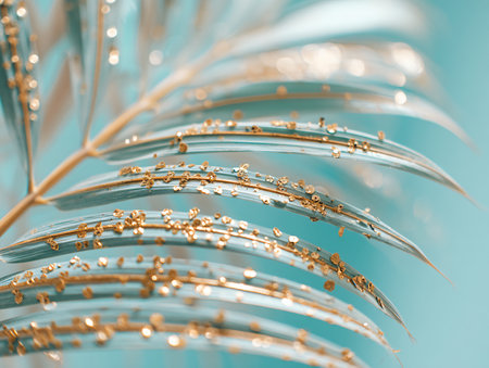 Palm leaf with drops of water on a light blue background.の素材