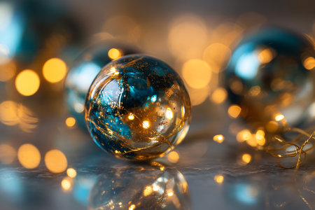 Blue Christmas ball decoration on bokeh background with copy space.の素材
