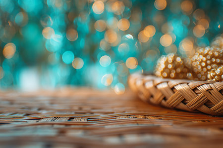 Christmas and New Year background with bokeh lights and golden balls in wicker basketの素材