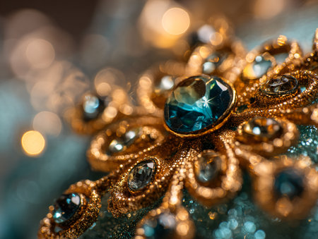 Jewelry brooch with precious stones on bokeh backgroundの素材