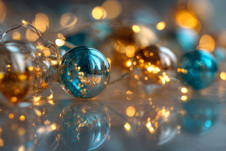 Christmas and New Year background with blue and yellow glass balls. Selective focus.の素材