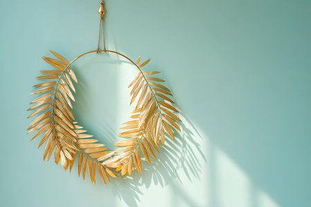 Golden palm leaf hanging on the wall. Minimal summer concept.の素材