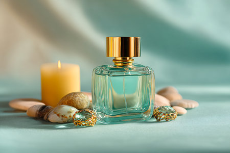Bottle of perfume with stones on turquoise background, closeupの素材