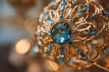 Close up shot of a beautiful blue and gold Christmas ornamentsの素材